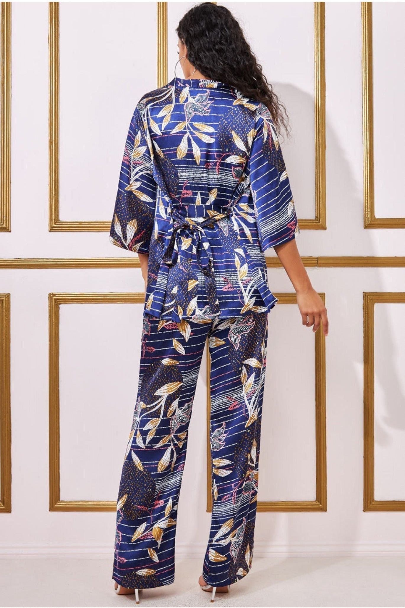 Printed Satin Wide Leg Trouser - Navy TR368