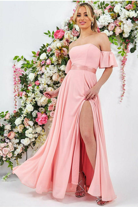 Draped Off The Shoulder Maxi With Split - Peach by Goddiva