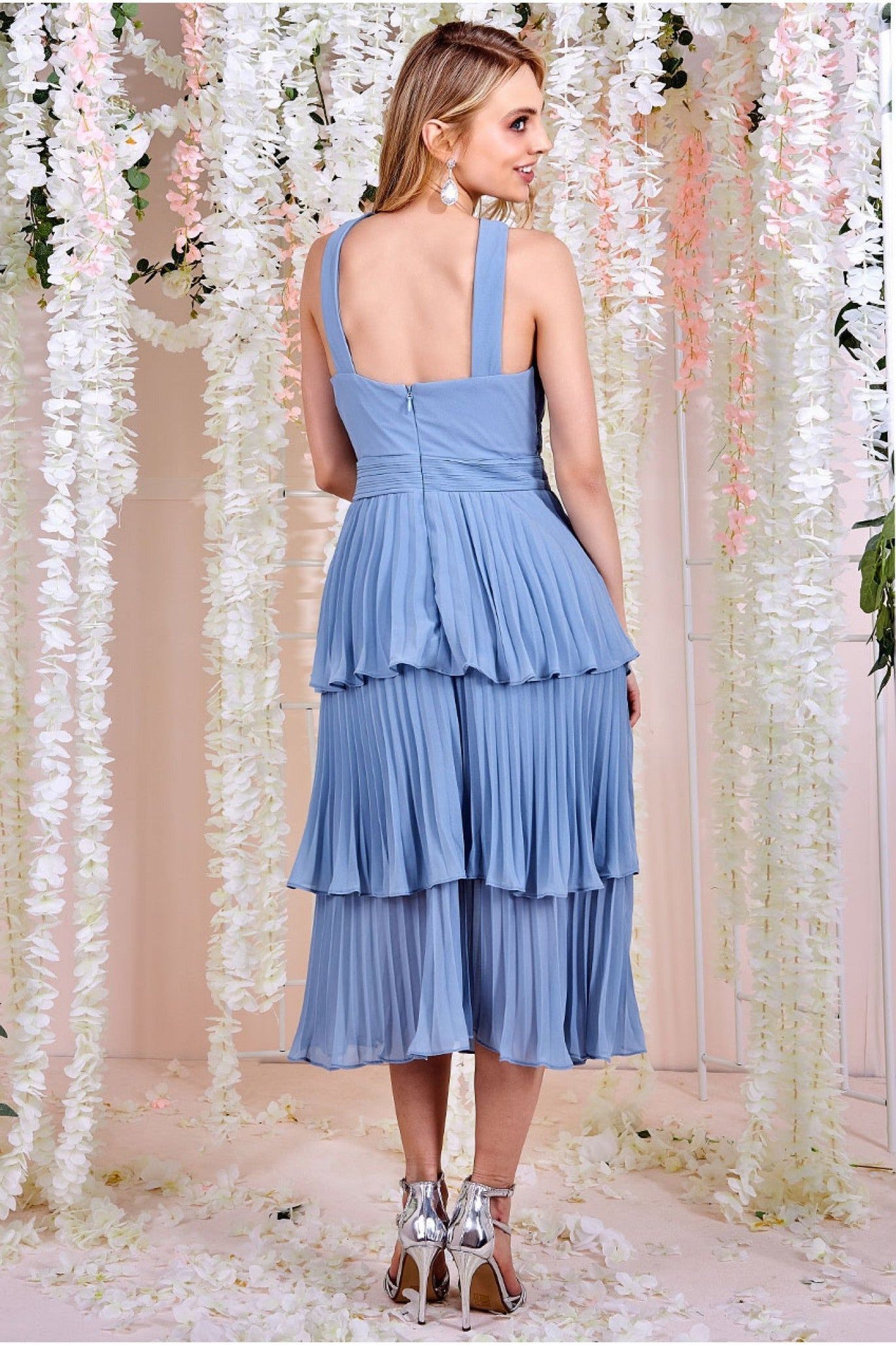 Pleated Bodice Chiffon Tiered Midi - Blue DR3800