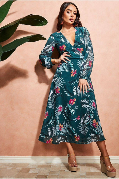 Floral Print Wrap Midi Dress - Green by City Goddess