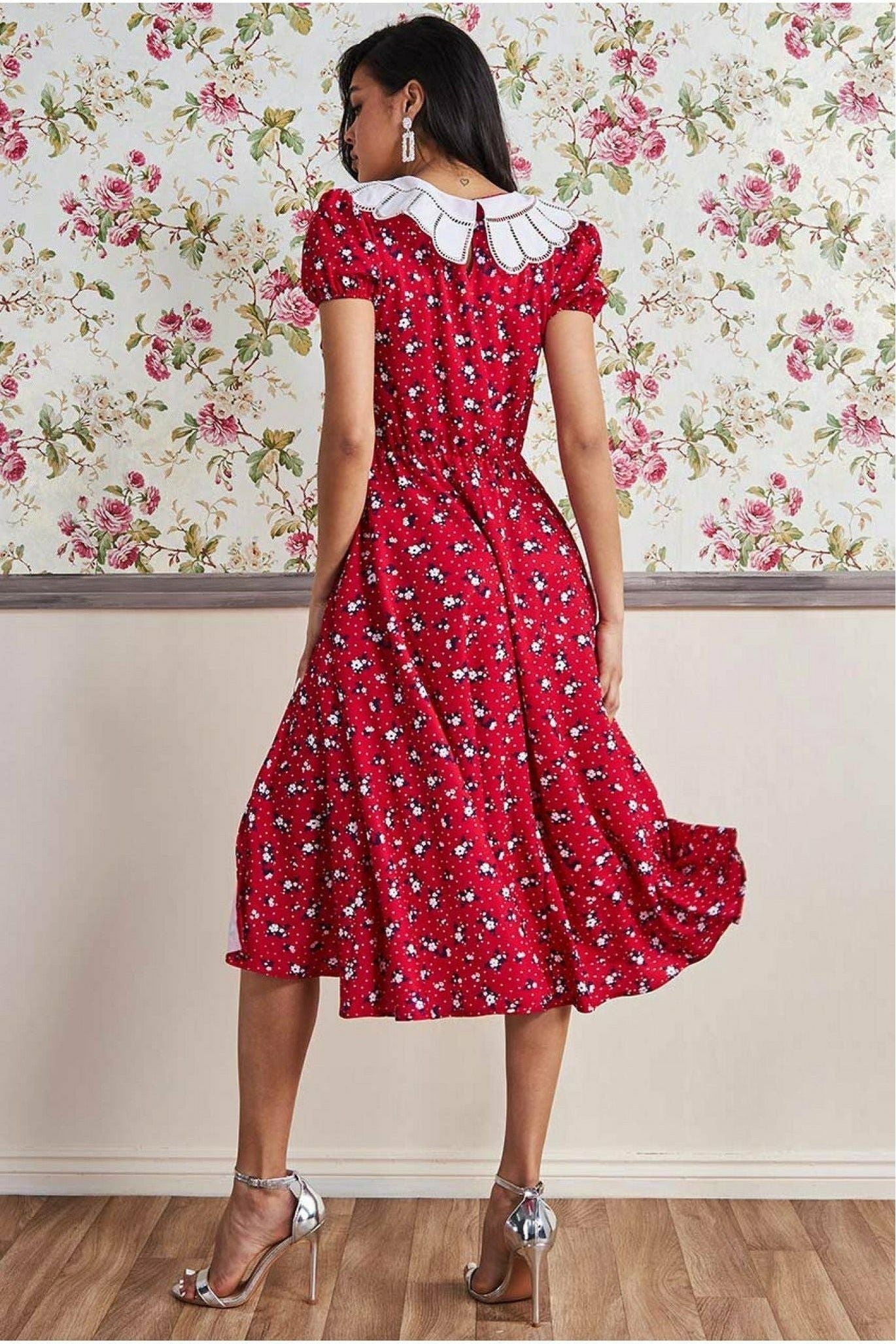 Printed Midi With Front Split - Red DR3356