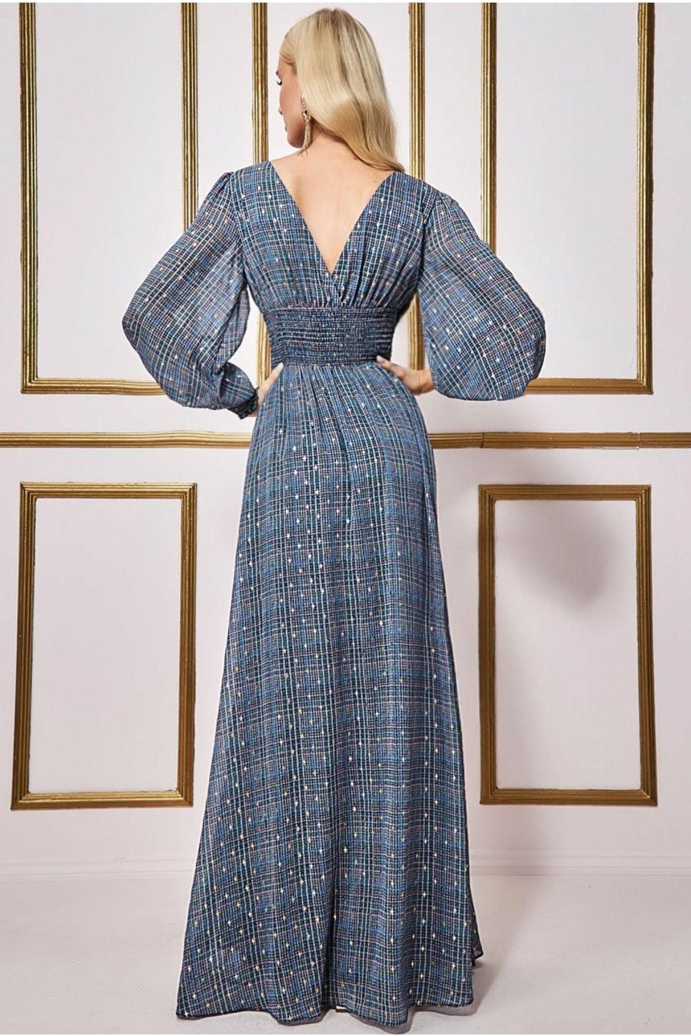Long Sleeve Maxi Shirred Waistband - Check Print DR3765B
