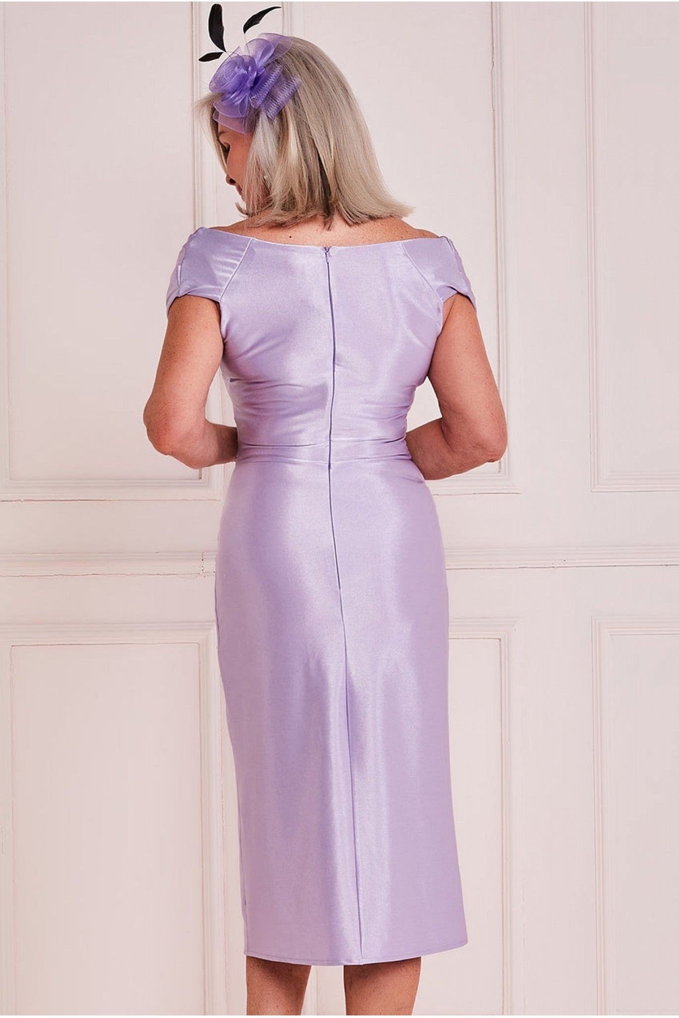 Satin Front Split Bardot Cowl Midi - Lilac DR3587M