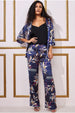 Printed Satin Wide Leg Trouser - Navy by Goddiva