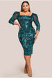 Square Neck Scalloped Embroidered Sequin Midi Dress - Emerald Green by Goddiva Plus